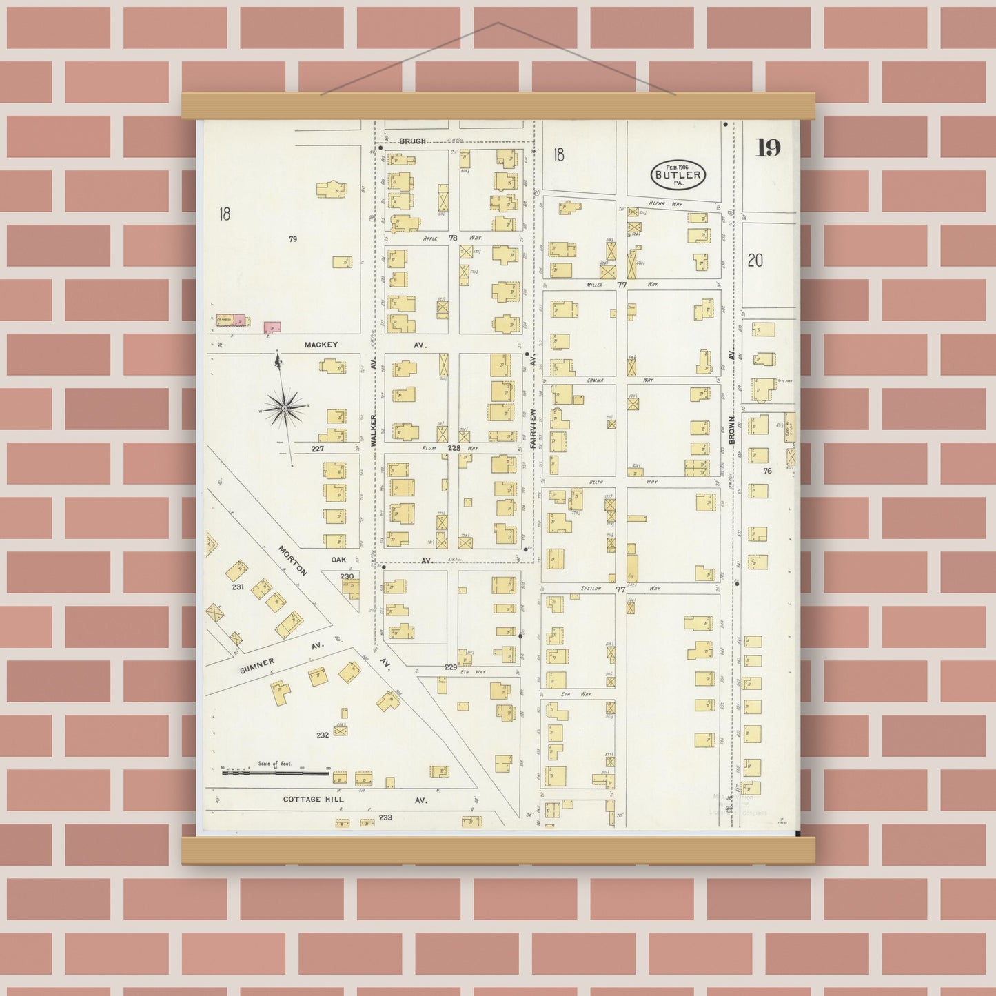 Old map wall art mockup — magnetic wood frame on brick wall — Sanborn Fire Insurance Map from Butler, Butler County, Pennsylvania (1906), Sheet #0019