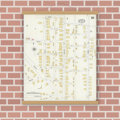 Old map wall art mockup — magnetic wood frame on brick wall — Sanborn Fire Insurance Map from Butler, Butler County, Pennsylvania (1906), Sheet #0019