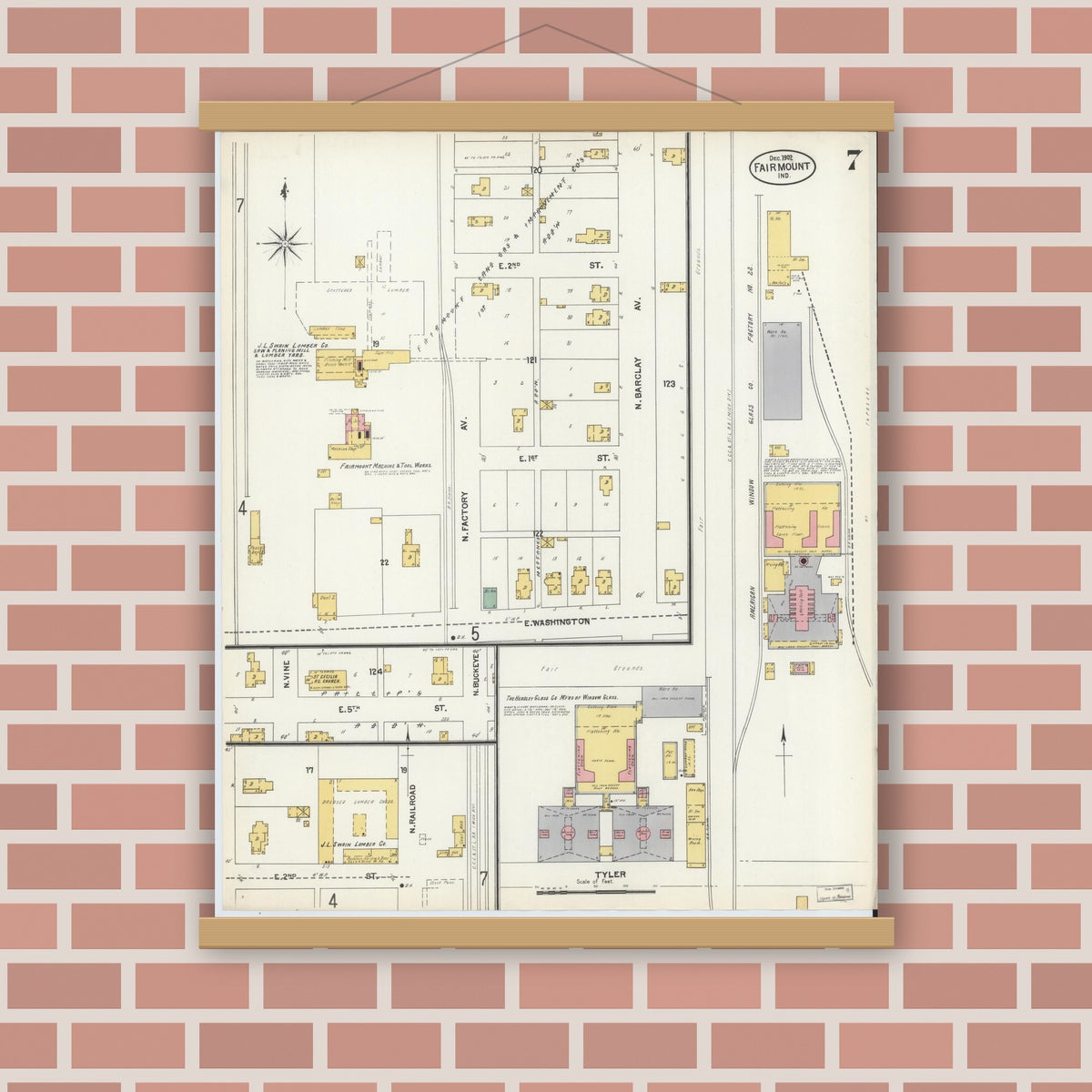Old map wall art mockup — magnetic wood frame on brick wall — Sanborn Fire Insurance Map from Fairmount, Grant County, Indiana (1902), Sheet #0007