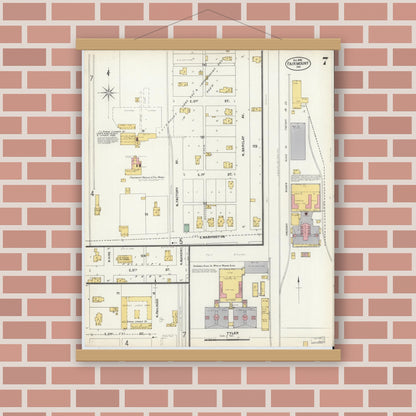 Old map wall art mockup — magnetic wood frame on brick wall — Sanborn Fire Insurance Map from Fairmount, Grant County, Indiana (1902), Sheet #0007