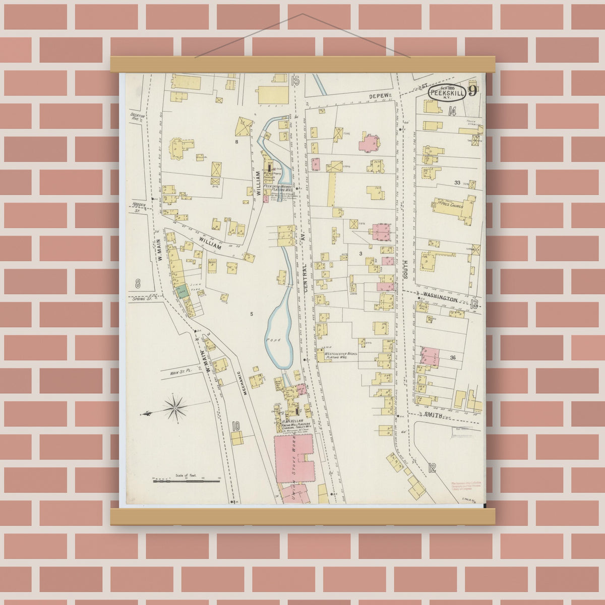 Old map wall art mockup — magnetic wood frame on brick wall — Sanborn Fire Insurance Map from Peekskill, Westchester County, New York (1895), Sheet #0009