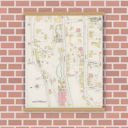 Old map wall art mockup — magnetic wood frame on brick wall — Sanborn Fire Insurance Map from Peekskill, Westchester County, New York (1895), Sheet #0009