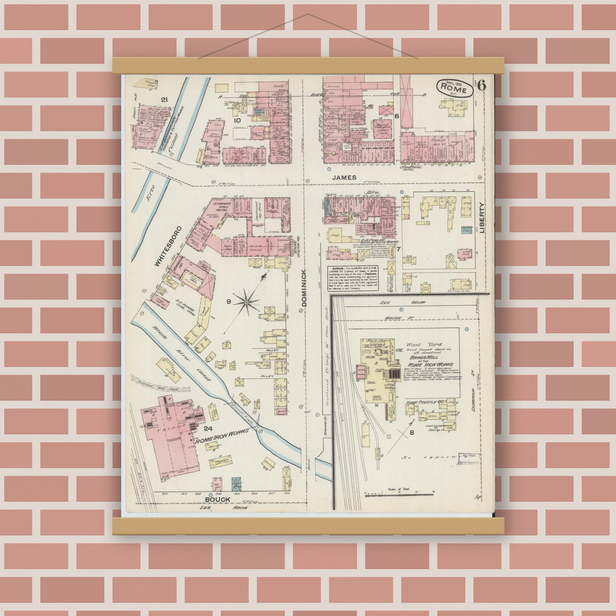 Old map wall art mockup — magnetic wood frame on brick wall — Sanborn Fire Insurance Map from Rome, Oneida County, New York (1884), Sheet #0006