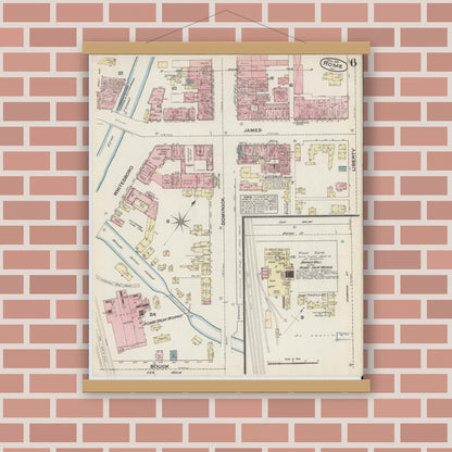 Old map wall art mockup — magnetic wood frame on brick wall — Sanborn Fire Insurance Map from Rome, Oneida County, New York (1884), Sheet #0006