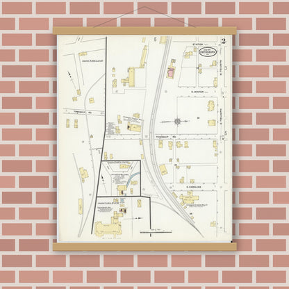 Old map wall art mockup — magnetic wood frame on brick wall — Sanborn Fire Insurance Map from Ebensburg, Cambria County, Pennsylvania (1910), Sheet #0002