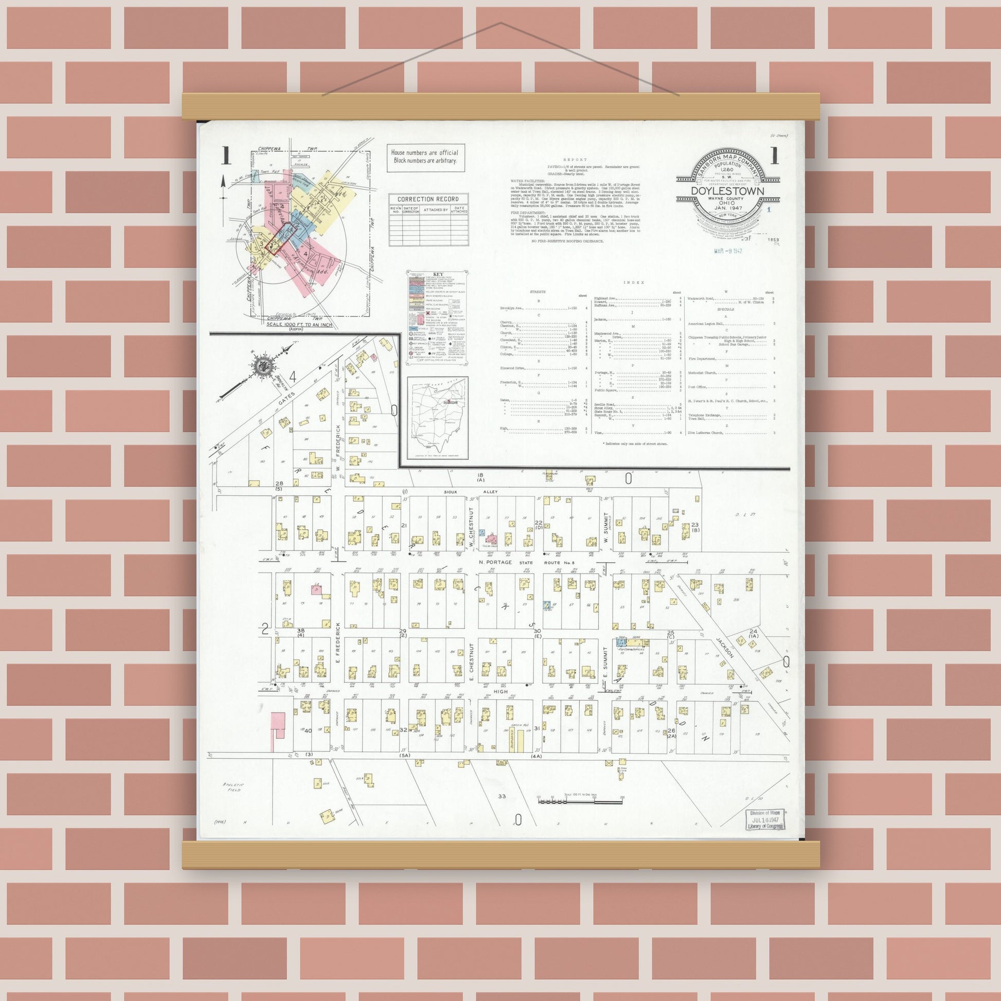 Old map wall art mockup — magnetic wood frame on brick wall — Sanborn Fire Insurance Map from Doylestown, Wayne County, Ohio (1947) - Complete Map Set