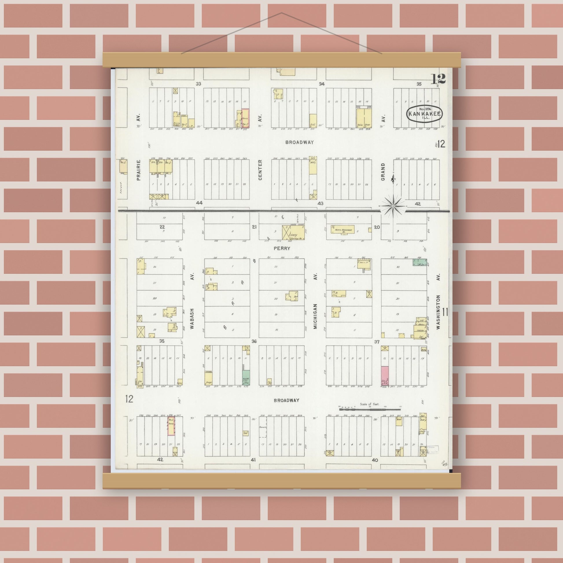 Old map wall art mockup — magnetic wood frame on brick wall — Sanborn Fire Insurance Map from Kankakee, Kankakee County, Illinois (1896), Sheet #0012