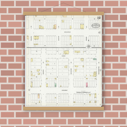 Old map wall art mockup — magnetic wood frame on brick wall — Sanborn Fire Insurance Map from Kankakee, Kankakee County, Illinois (1896), Sheet #0012