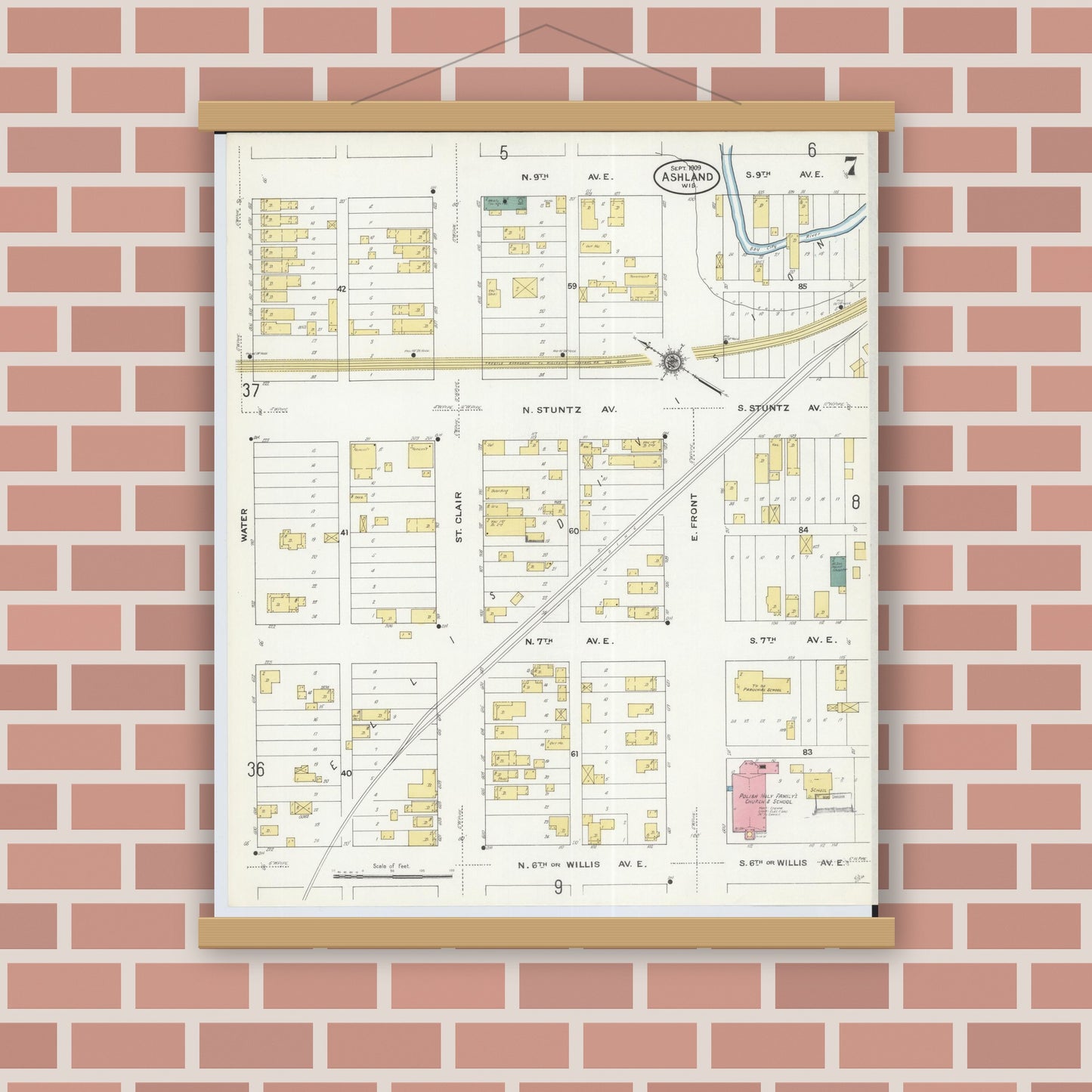 Old map wall art mockup — magnetic wood frame on brick wall — Sanborn Fire Insurance Map from Ashland, Ashland County, Wisconsin (1909), Sheet #0007