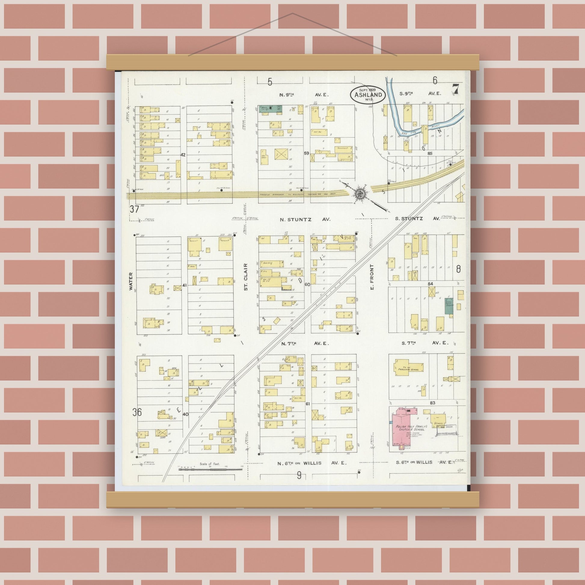 Old map wall art mockup — magnetic wood frame on brick wall — Sanborn Fire Insurance Map from Ashland, Ashland County, Wisconsin (1909), Sheet #0007