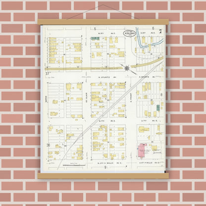 Old map wall art mockup — magnetic wood frame on brick wall — Sanborn Fire Insurance Map from Ashland, Ashland County, Wisconsin (1909), Sheet #0007