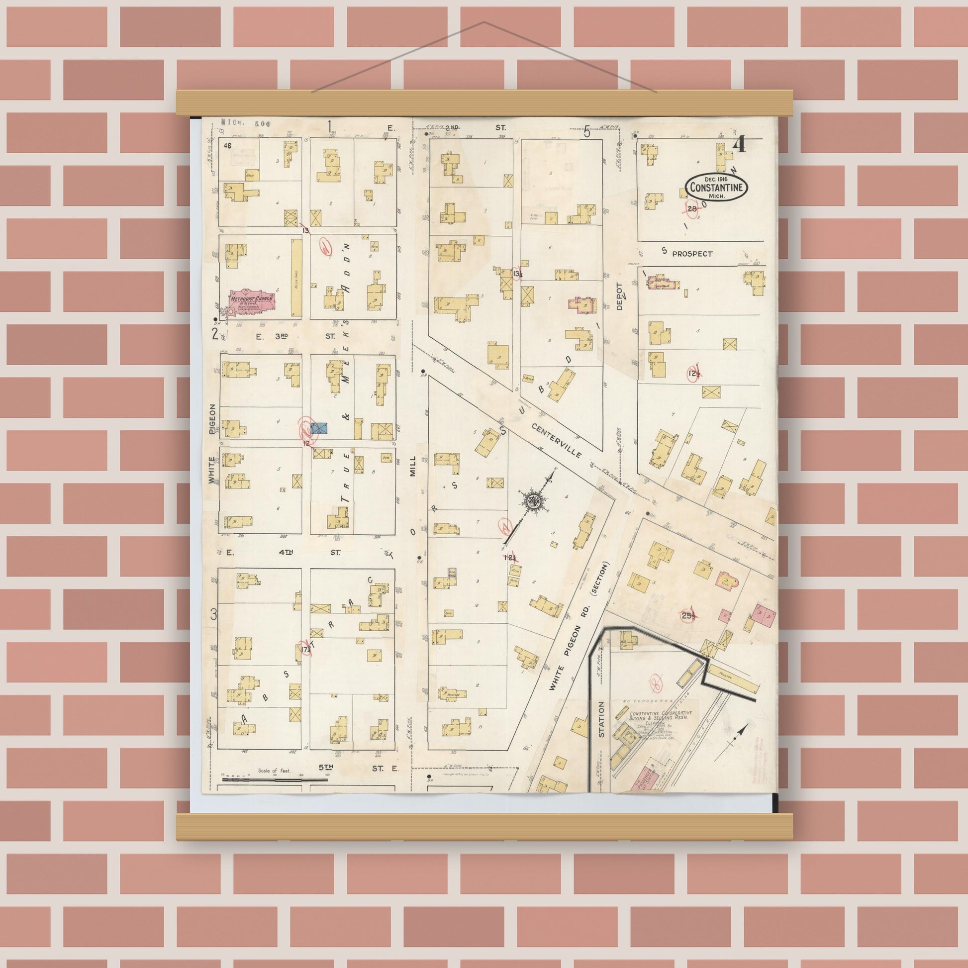 Old map wall art mockup — magnetic wood frame on brick wall — Sanborn Fire Insurance Map from Constantine, Saint Joseph County, Michigan (1932), Sheet #0004