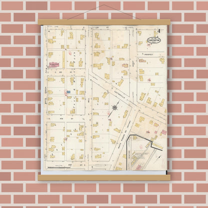Old map wall art mockup — magnetic wood frame on brick wall — Sanborn Fire Insurance Map from Constantine, Saint Joseph County, Michigan (1932), Sheet #0004