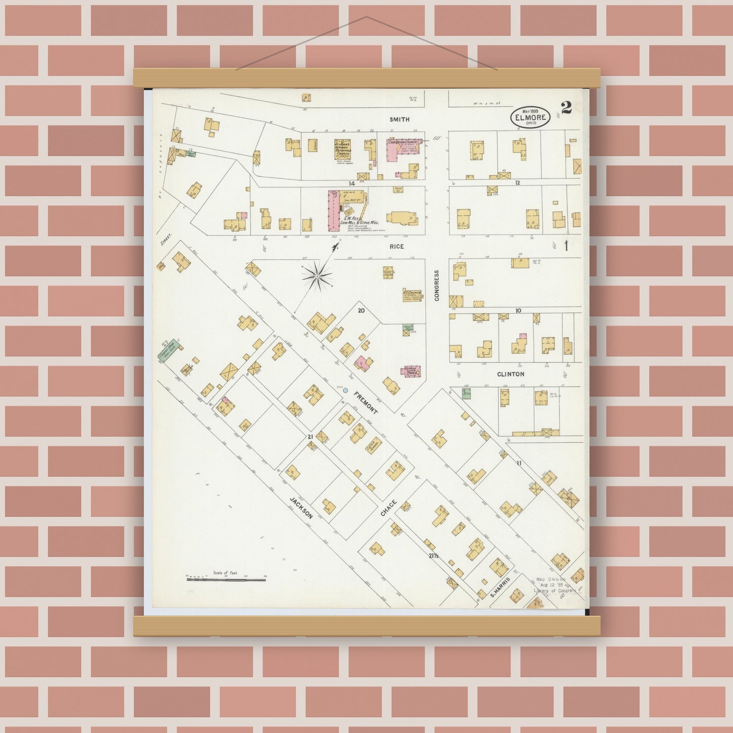 Old map wall art mockup — magnetic wood frame on brick wall — Sanborn Fire Insurance Map from Elmore, Ottawa County, Ohio (1899), Sheet #0002