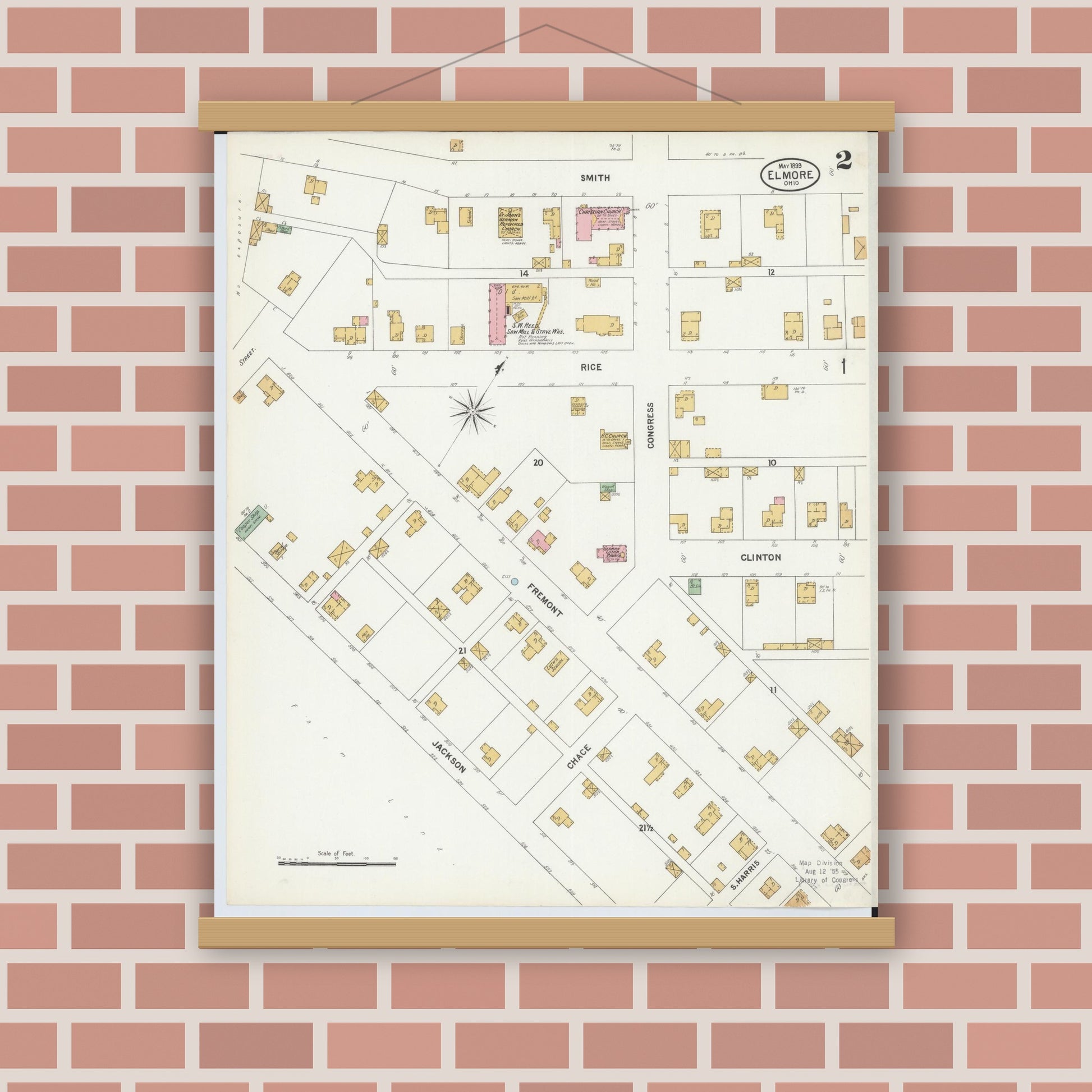 Old map wall art mockup — magnetic wood frame on brick wall — Sanborn Fire Insurance Map from Elmore, Ottawa County, Ohio (1899), Sheet #0002