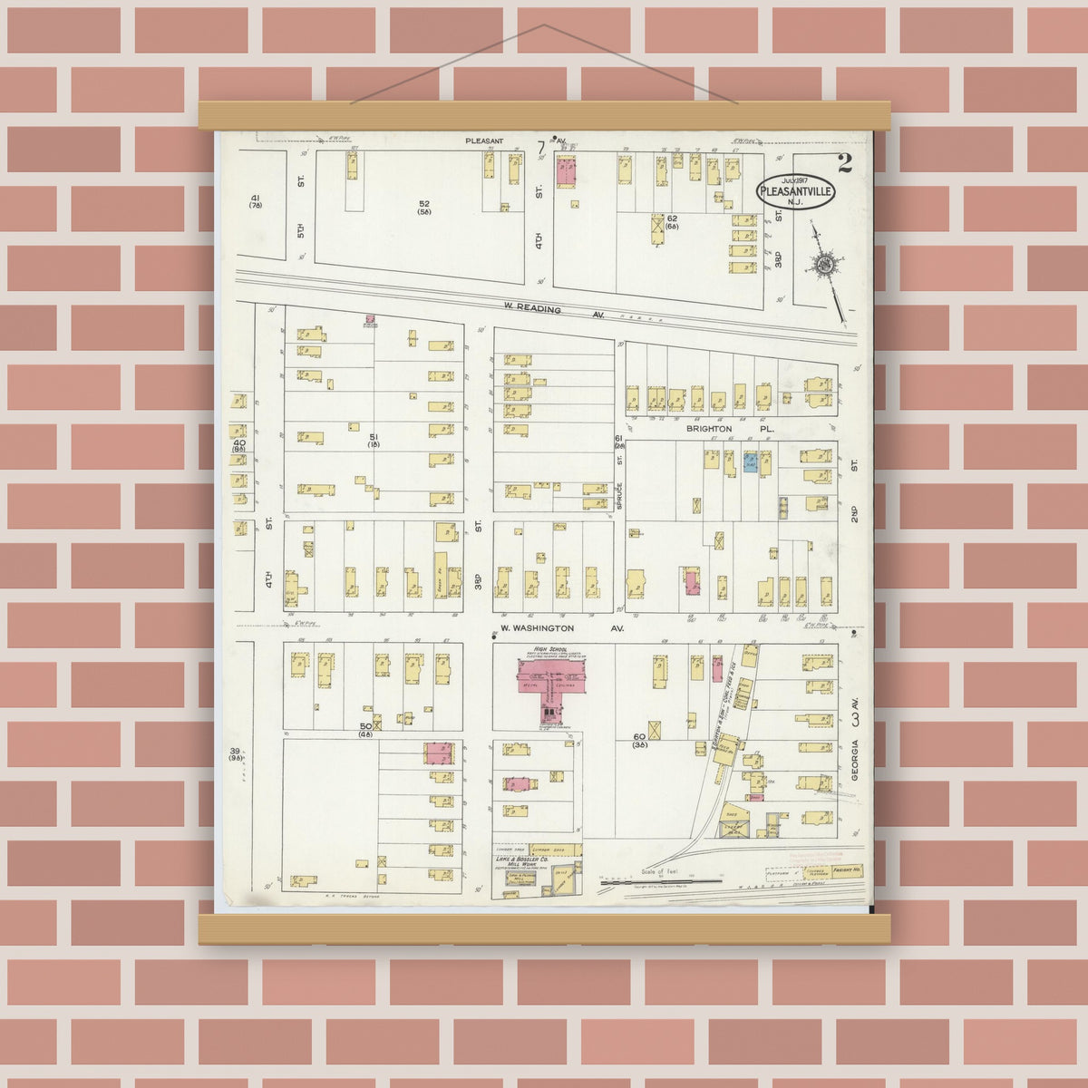 Old map wall art mockup — magnetic wood frame on brick wall — Sanborn Fire Insurance Map from Pleasantville, Atlantic County, New Jersey (1917), Sheet #0002