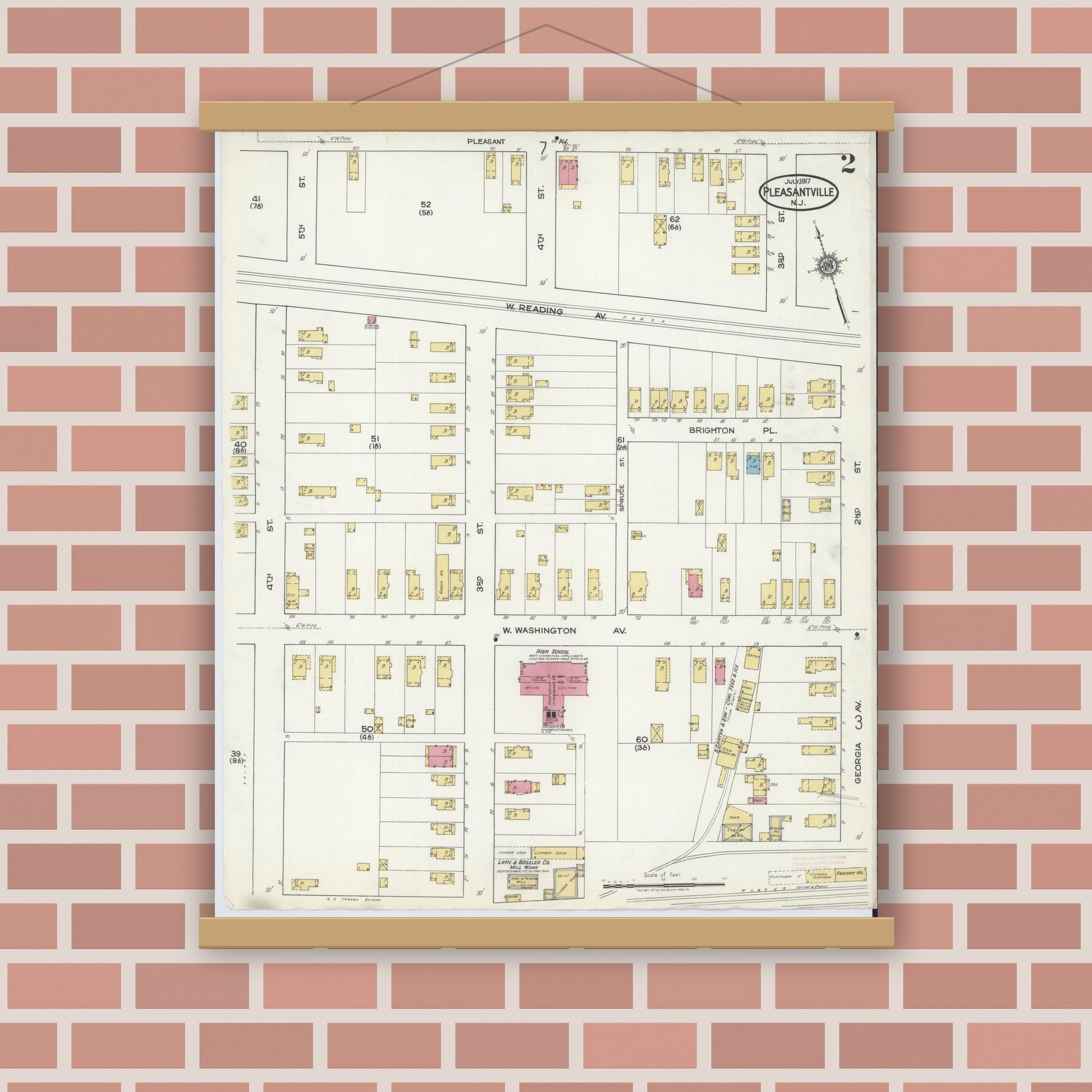 Old map wall art mockup — magnetic wood frame on brick wall — Sanborn Fire Insurance Map from Pleasantville, Atlantic County, New Jersey (1917), Sheet #0002