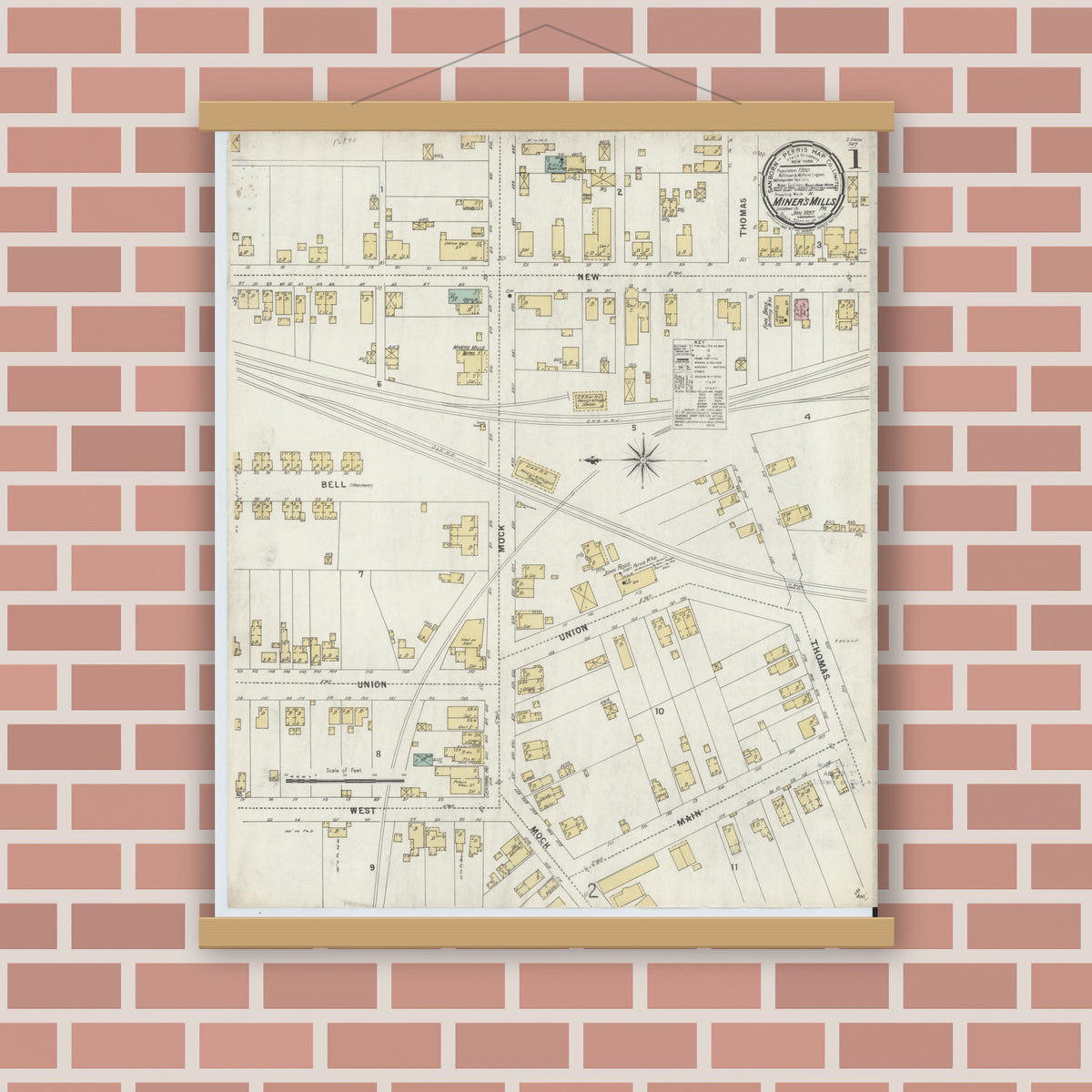 Old map wall art mockup — magnetic wood frame on brick wall — Sanborn Fire Insurance Map from Miners Mills, Luzerne County, Pennsylvania (1897) - Complete Map Set