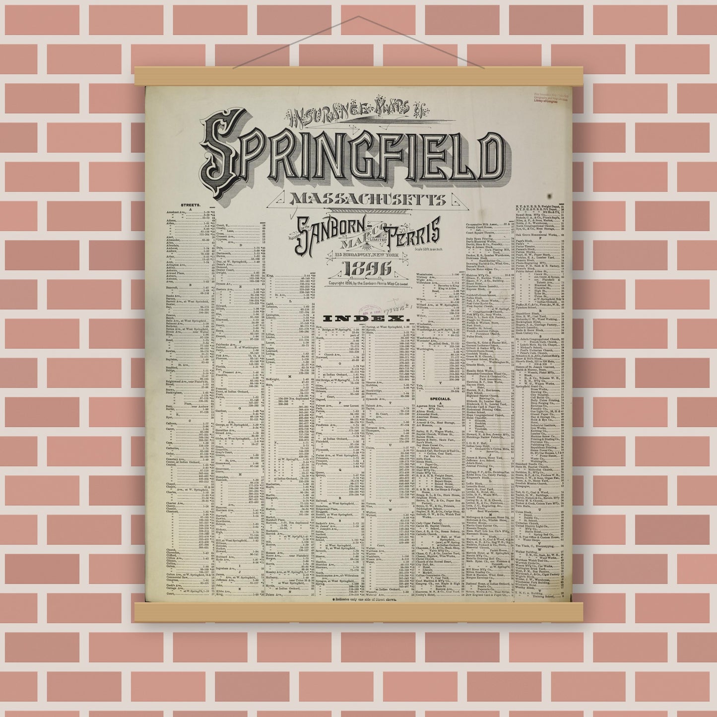 Old map wall art mockup — magnetic wood frame on brick wall — Sanborn Fire Insurance Map from Springfield, Hampden County, Massachusetts (1896), Sheet #0001