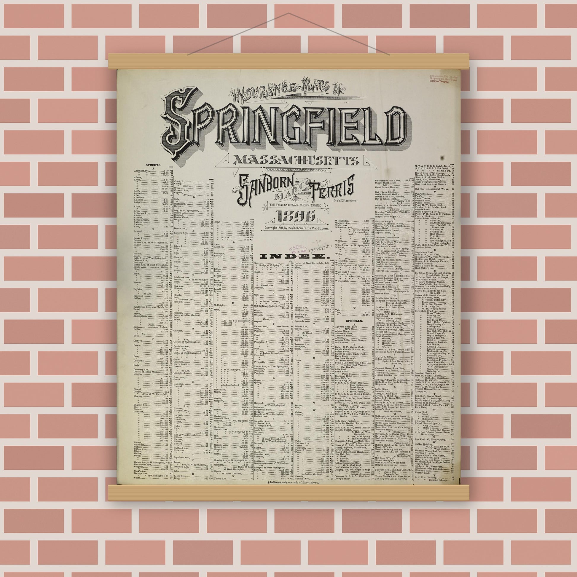 Old map wall art mockup — magnetic wood frame on brick wall — Sanborn Fire Insurance Map from Springfield, Hampden County, Massachusetts (1896), Sheet #0001