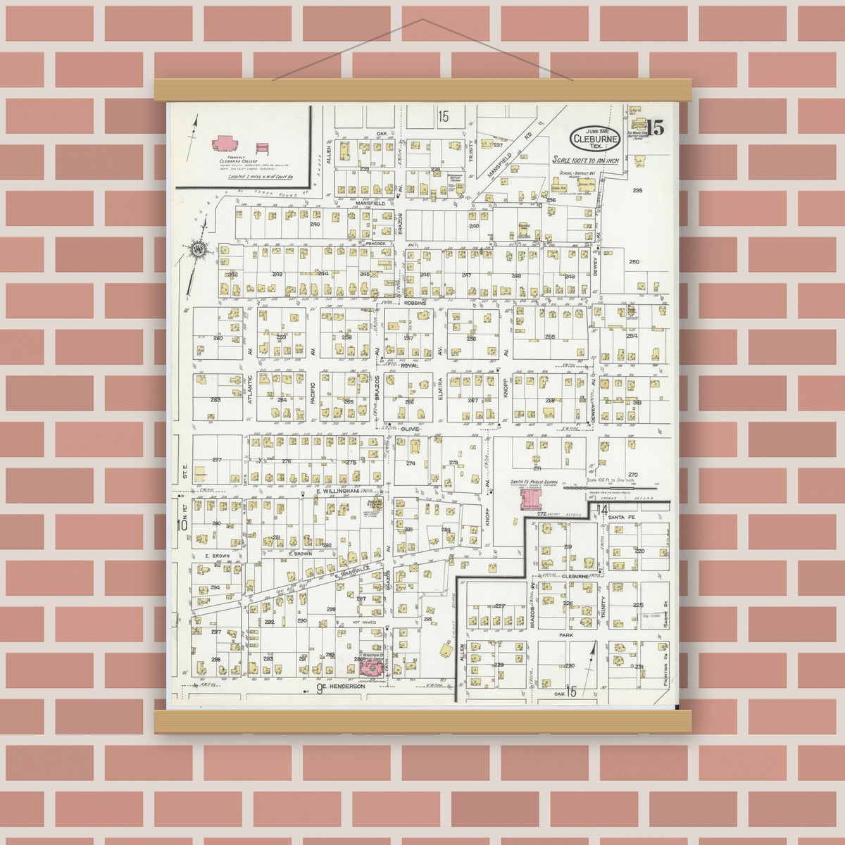 Old map wall art mockup — magnetic wood frame on brick wall — Sanborn Fire Insurance Map from Cleburne, Johnson County, Texas (1918), Sheet #0015