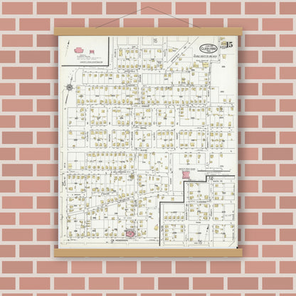 Old map wall art mockup — magnetic wood frame on brick wall — Sanborn Fire Insurance Map from Cleburne, Johnson County, Texas (1918), Sheet #0015