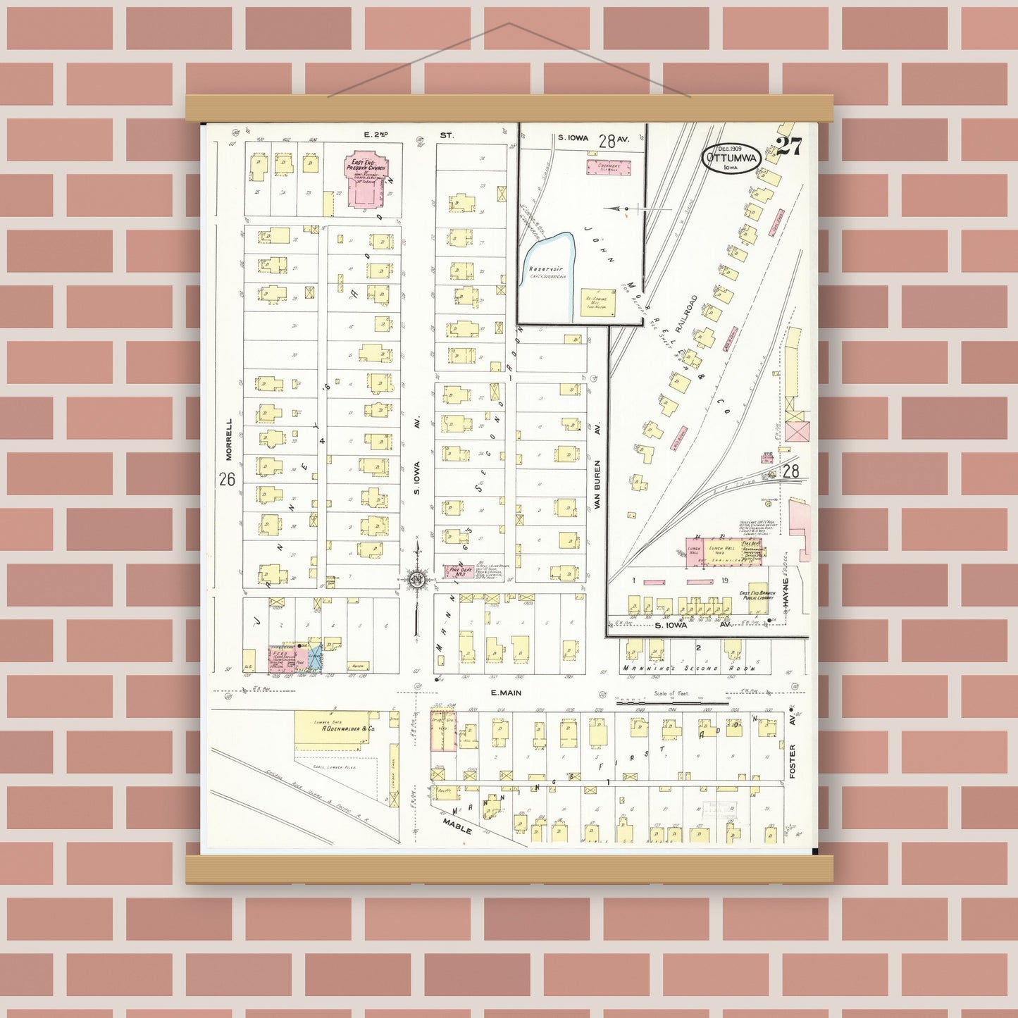 Old map wall art mockup — magnetic wood frame on brick wall — Sanborn Fire Insurance Map from Ottumwa, Wapello County, Iowa (1909), Sheet #0027