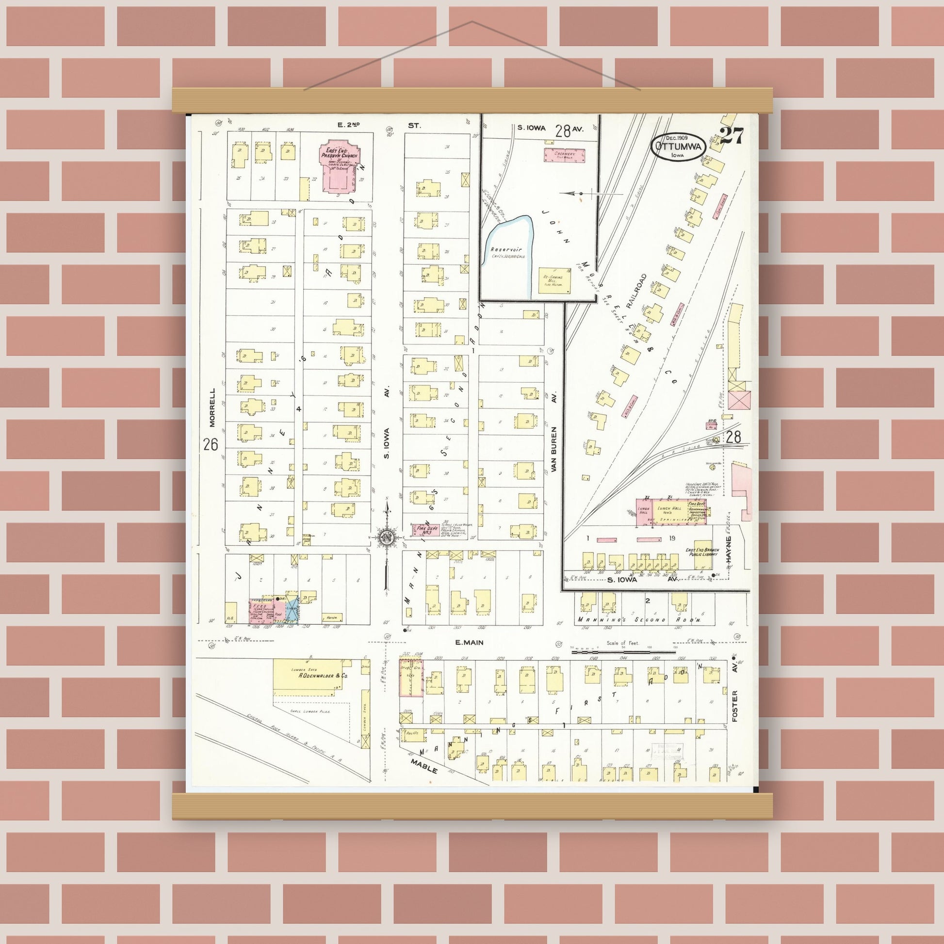 Old map wall art mockup — magnetic wood frame on brick wall — Sanborn Fire Insurance Map from Ottumwa, Wapello County, Iowa (1909), Sheet #0027