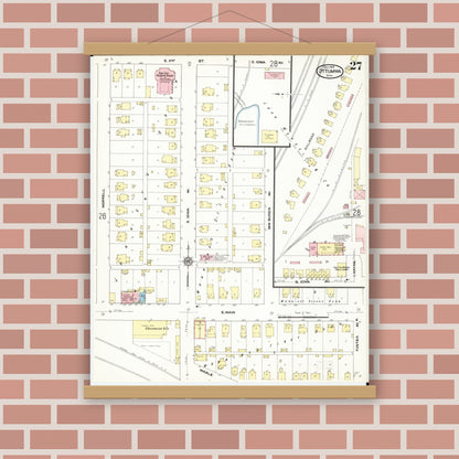 Old map wall art mockup — magnetic wood frame on brick wall — Sanborn Fire Insurance Map from Ottumwa, Wapello County, Iowa (1909), Sheet #0027