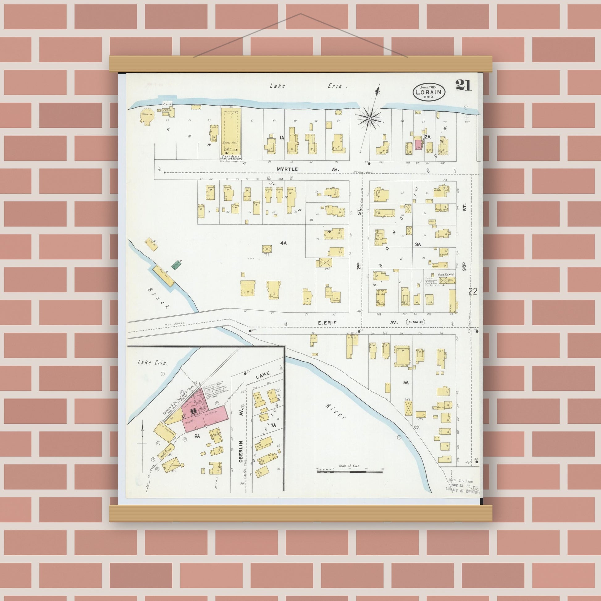 Old map wall art mockup — magnetic wood frame on brick wall — Sanborn Fire Insurance Map from Lorain, Lorain County, Ohio (1905), Sheet #0021