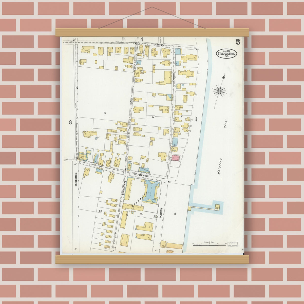 Old map wall art mockup — magnetic wood frame on brick wall — Sanborn Fire Insurance Map from Saint Augustine, Saint John's County, Florida (1899), Sheet #0005