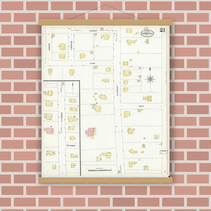 Old map wall art mockup — magnetic wood frame on brick wall — Sanborn Fire Insurance Map from Gainesville, Cooke County, Texas (1908), Sheet #0021