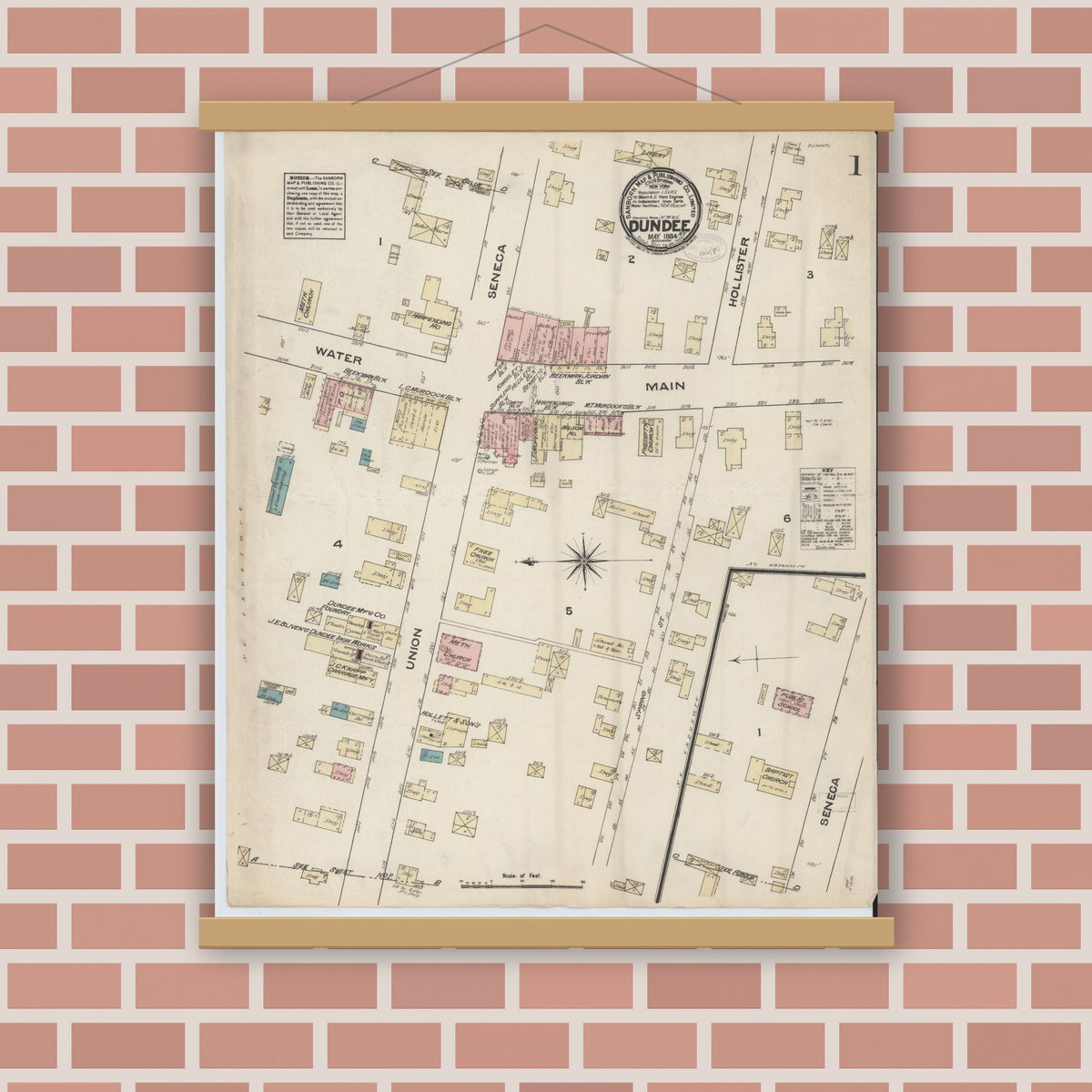 Old map wall art mockup — magnetic wood frame on brick wall — Sanborn Fire Insurance Map from Dundee, Yates County, New York (1884), Sheet #0001