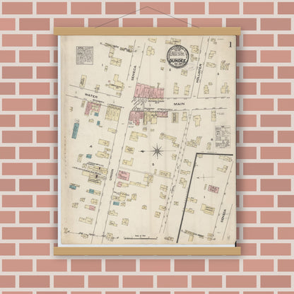 Old map wall art mockup — magnetic wood frame on brick wall — Sanborn Fire Insurance Map from Dundee, Yates County, New York (1884), Sheet #0001