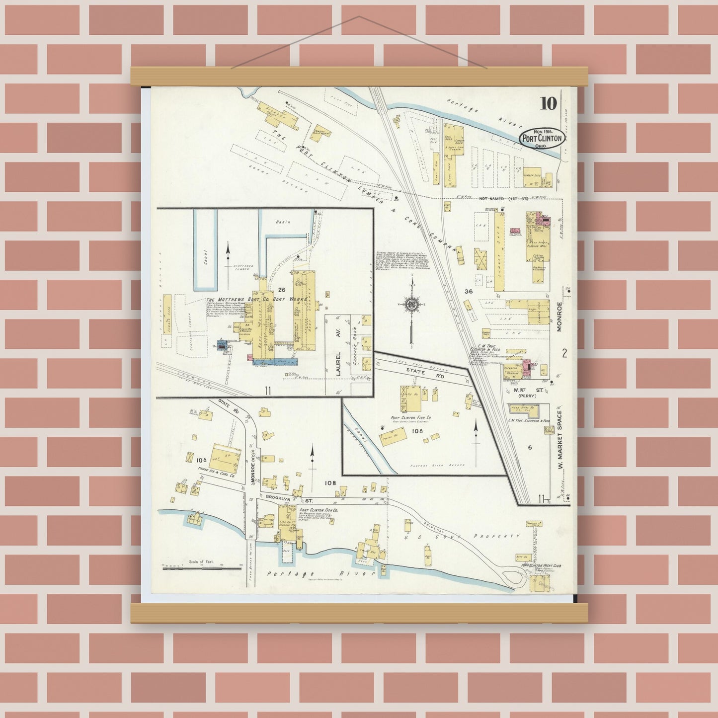 Old map wall art mockup — magnetic wood frame on brick wall — Sanborn Fire Insurance Map from Port Clinton, Ottawa County, Ohio (1916), Sheet #0010