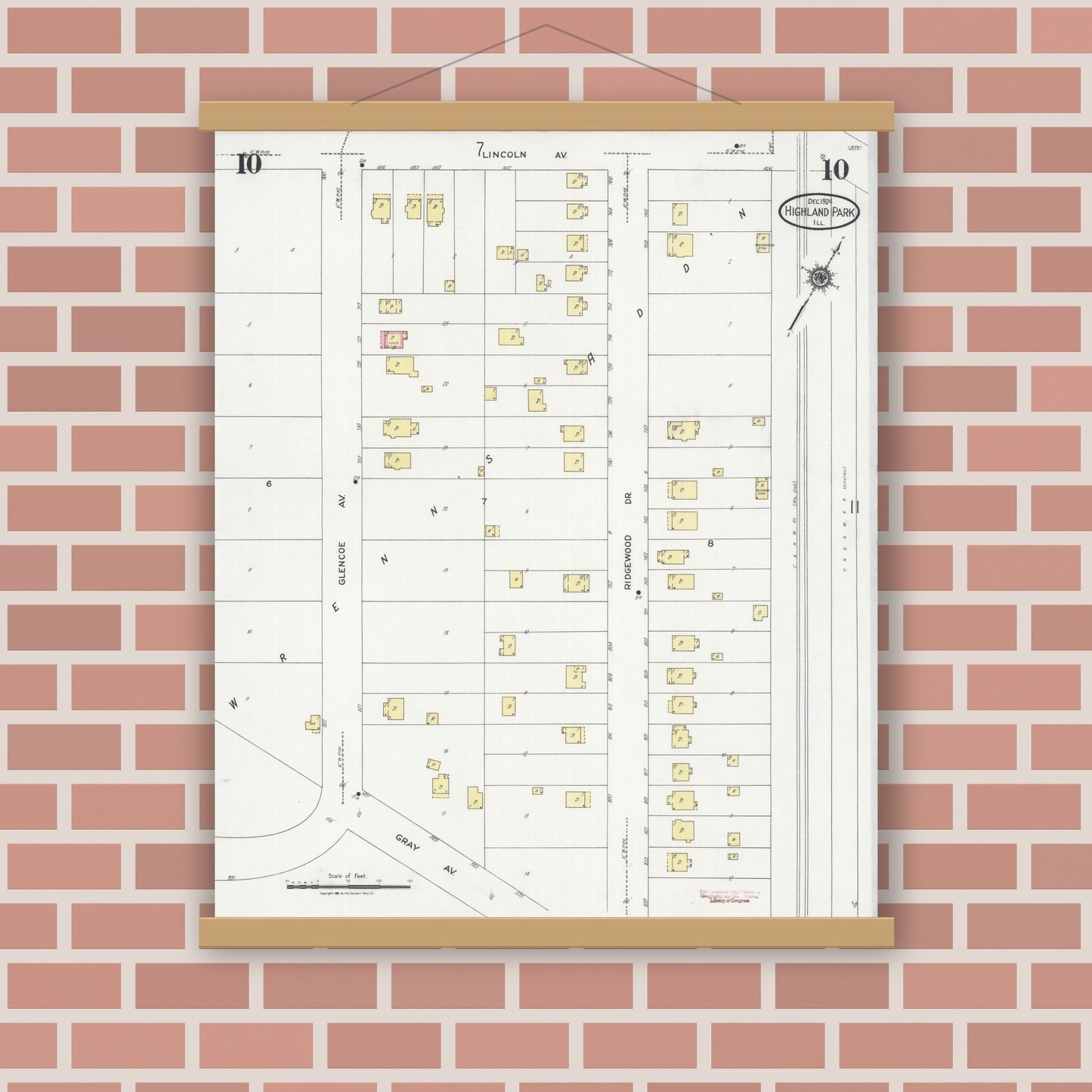 Old map wall art mockup — magnetic wood frame on brick wall — Sanborn Fire Insurance Map from Highland Park, Lake County, Illinois (1924), Sheet #0010