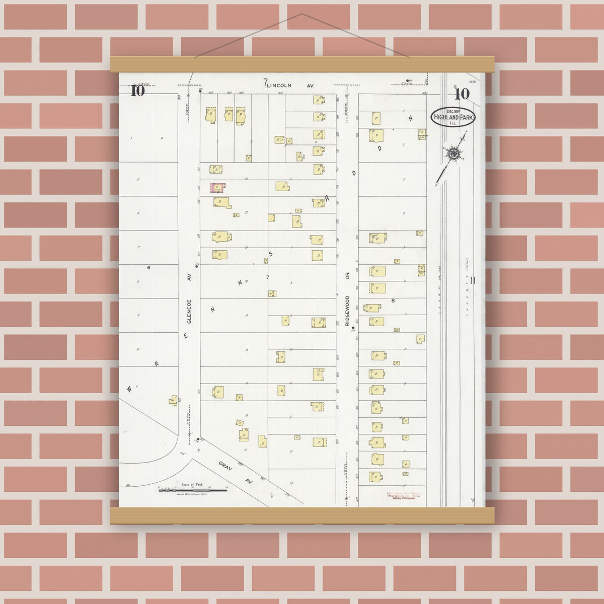 Old map wall art mockup — magnetic wood frame on brick wall — Sanborn Fire Insurance Map from Highland Park, Lake County, Illinois (1924), Sheet #0010