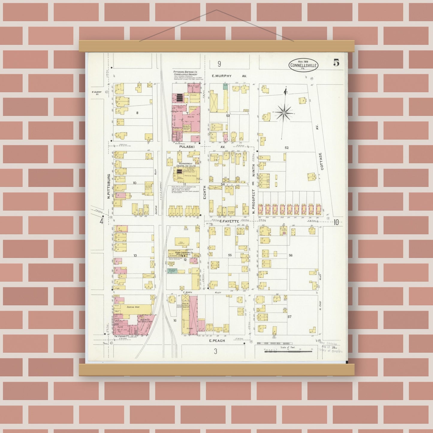 Old map wall art mockup — magnetic wood frame on brick wall — Sanborn Fire Insurance Map from Connellsville, Fayette County, Pennsylvania (1908), Sheet #0005