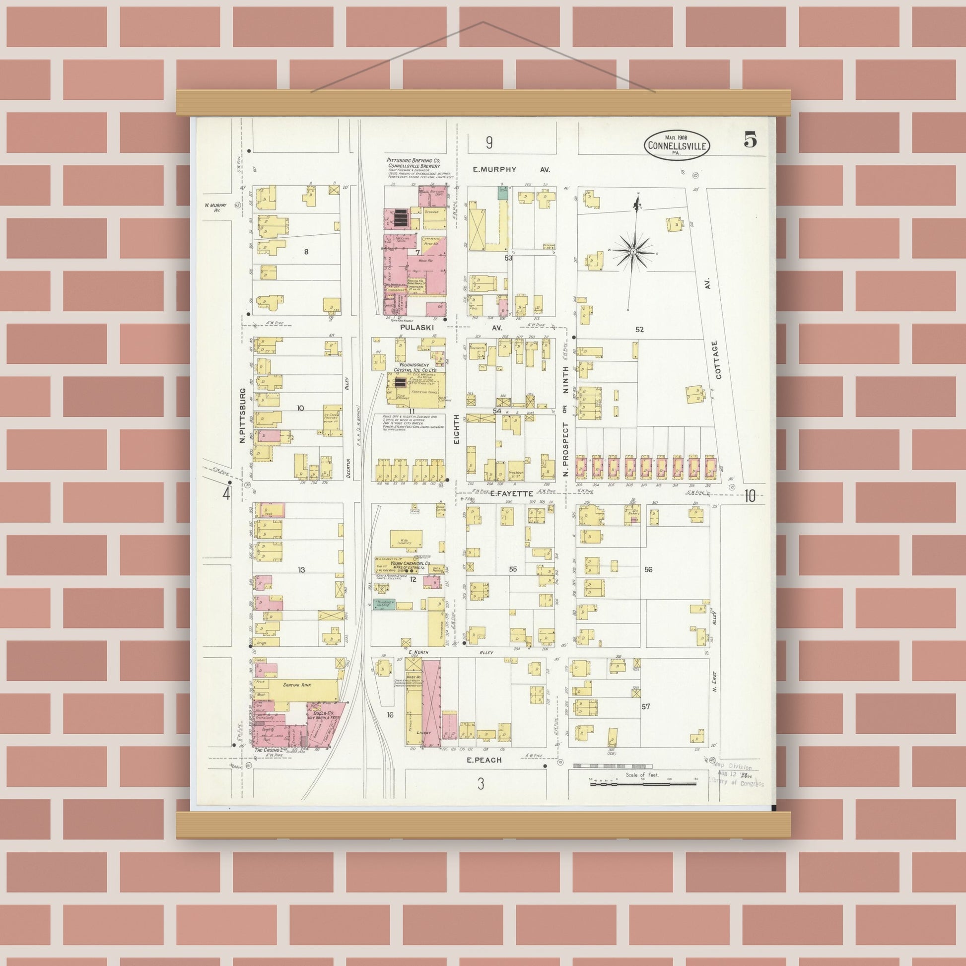 Old map wall art mockup — magnetic wood frame on brick wall — Sanborn Fire Insurance Map from Connellsville, Fayette County, Pennsylvania (1908), Sheet #0005