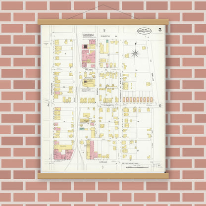 Old map wall art mockup — magnetic wood frame on brick wall — Sanborn Fire Insurance Map from Connellsville, Fayette County, Pennsylvania (1908), Sheet #0005