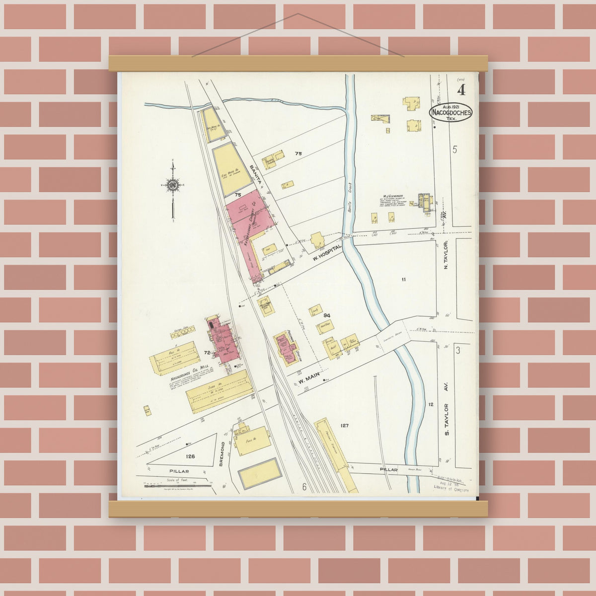 Old map wall art mockup — magnetic wood frame on brick wall — Sanborn Fire Insurance Map from Nacogdoches, Nacogdoches County, Texas (1921), Sheet #0004