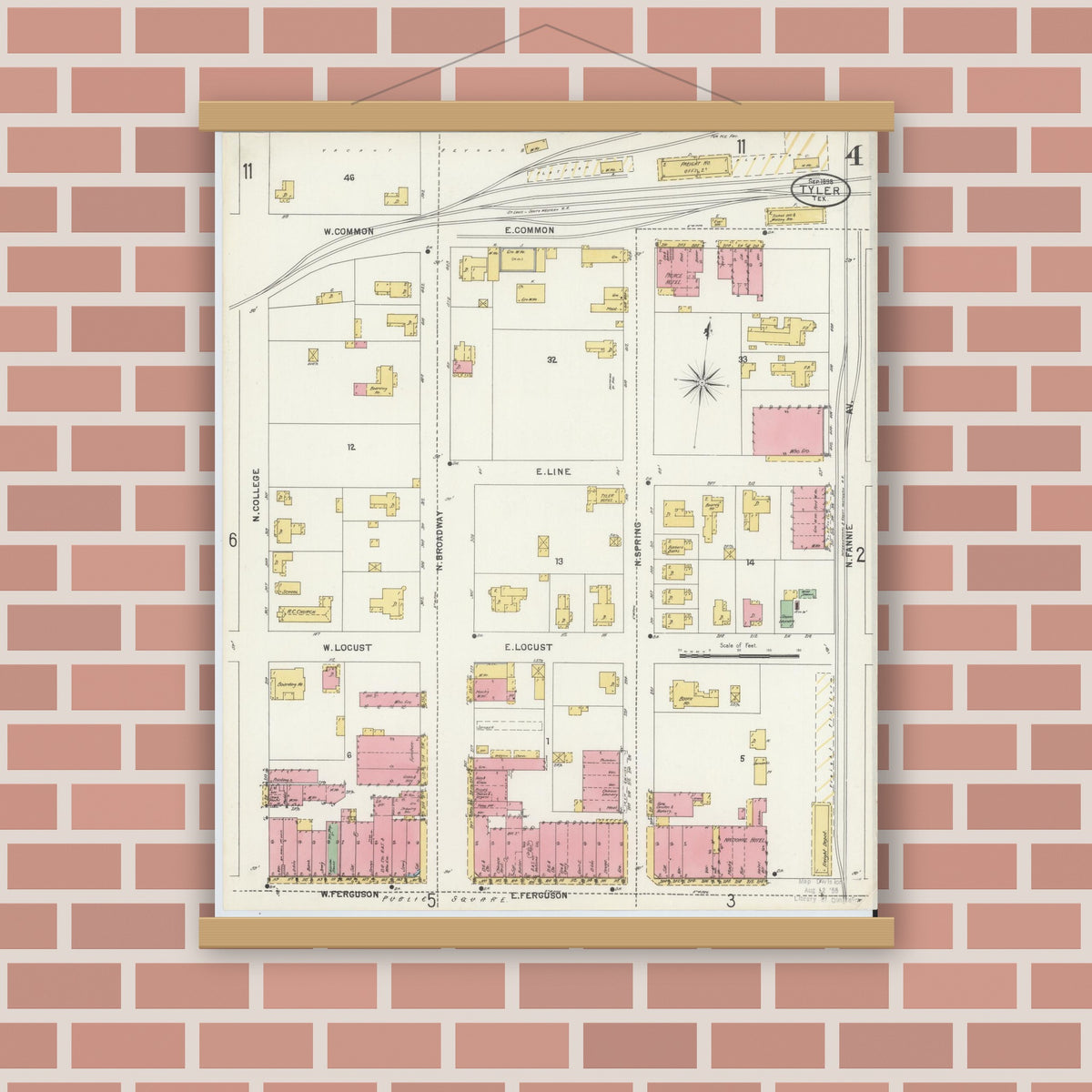 Old map wall art mockup — magnetic wood frame on brick wall — Sanborn Fire Insurance Map from Tyler, Smith County, Texas (1898), Sheet #0004