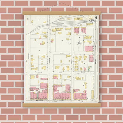 Old map wall art mockup — magnetic wood frame on brick wall — Sanborn Fire Insurance Map from Tyler, Smith County, Texas (1898), Sheet #0004