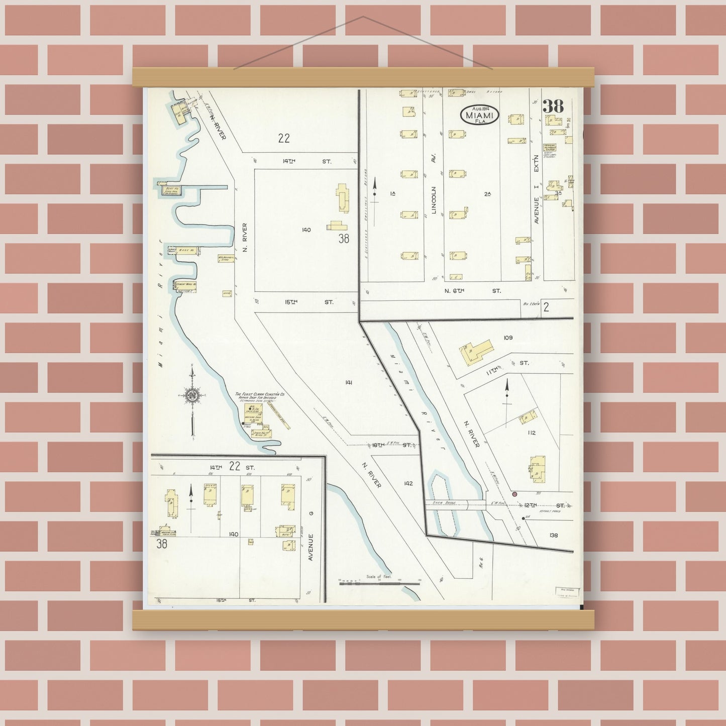 Old map wall art mockup — magnetic wood frame on brick wall — Sanborn Fire Insurance Map from Miami, Dade County, Florida (1914), Sheet #0038