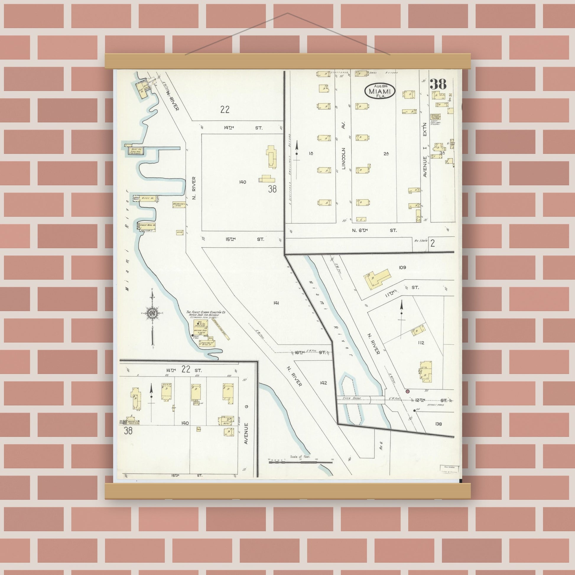 Old map wall art mockup — magnetic wood frame on brick wall — Sanborn Fire Insurance Map from Miami, Dade County, Florida (1914), Sheet #0038