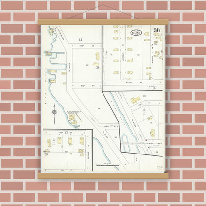 Old map wall art mockup — magnetic wood frame on brick wall — Sanborn Fire Insurance Map from Miami, Dade County, Florida (1914), Sheet #0038