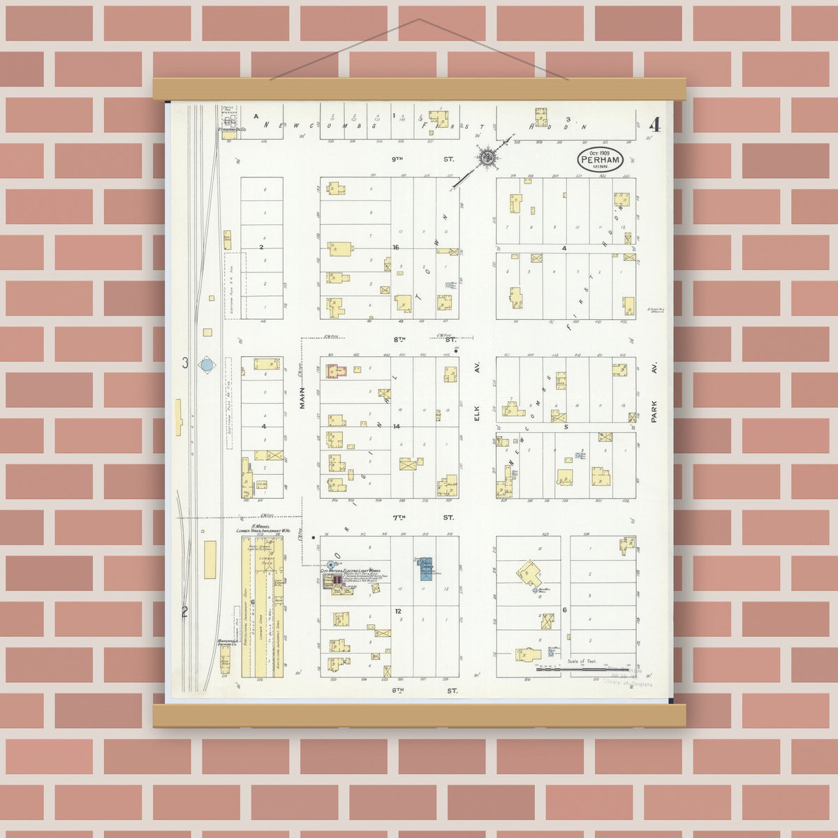 Old map wall art mockup — magnetic wood frame on brick wall — Sanborn Fire Insurance Map from Perham, Otter Tail County, Minnesota (1909), Sheet #0004