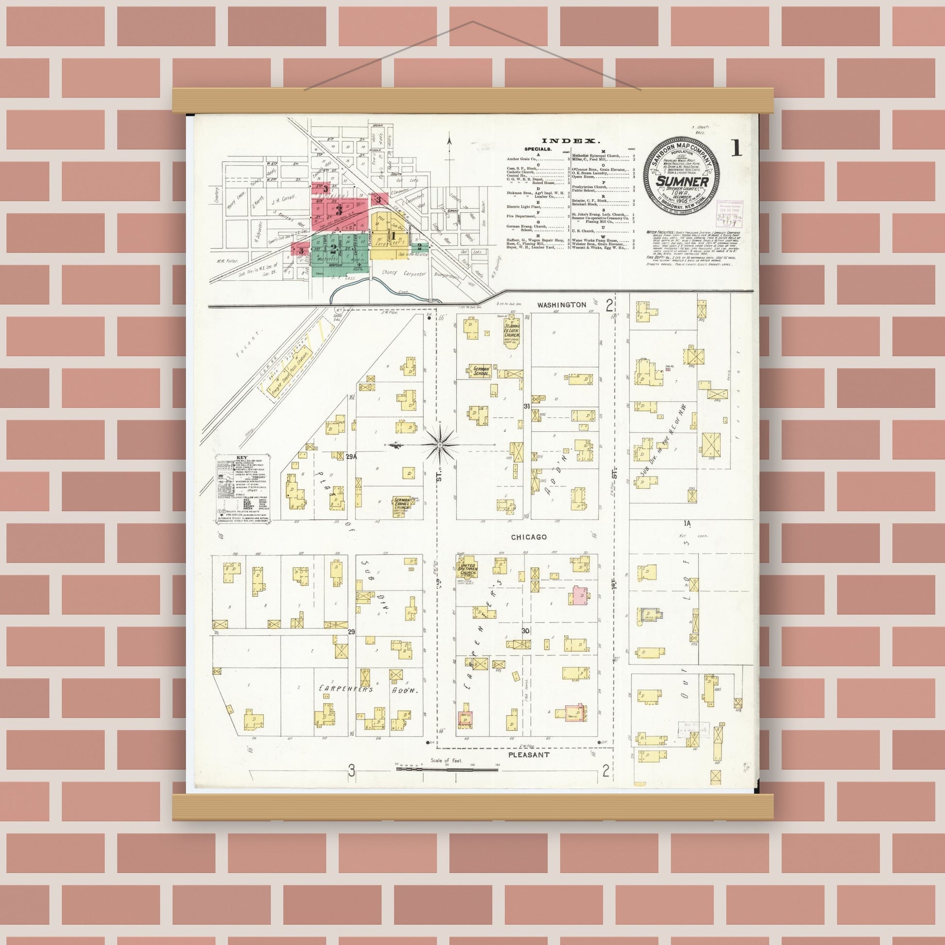 Old map wall art mockup — magnetic wood frame on brick wall — Sanborn Fire Insurance Map from Sumner, Bremer County, Iowa (1905) â€” Complete Set