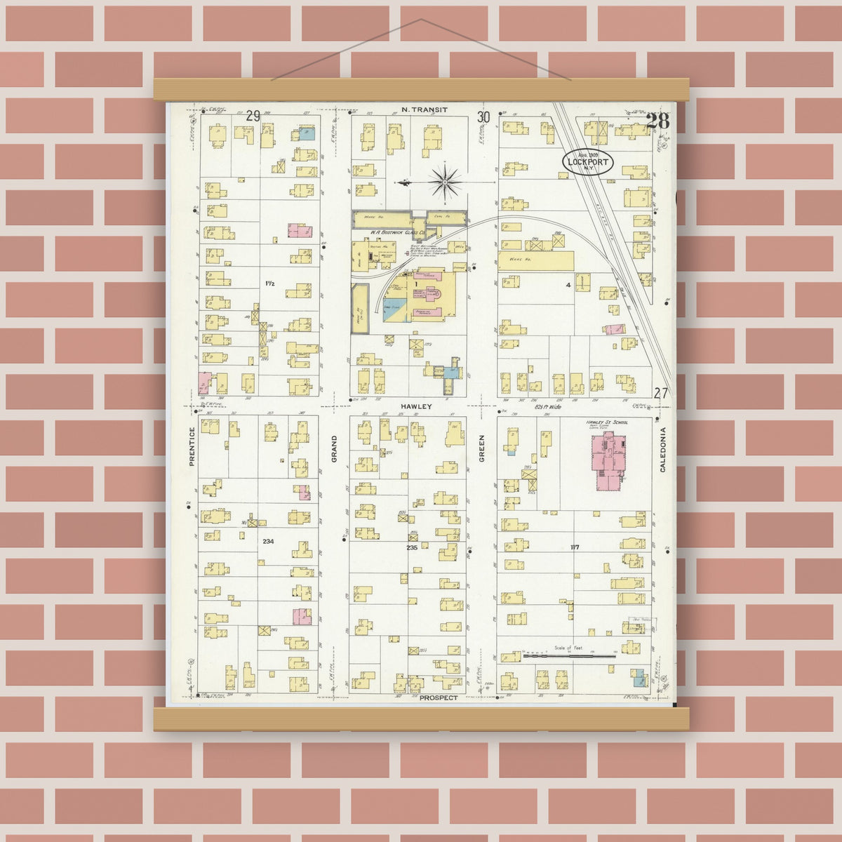 Old map wall art mockup — magnetic wood frame on brick wall — Sanborn Fire Insurance Map from Lockport, Niagara County, New York (1909), Sheet #0028