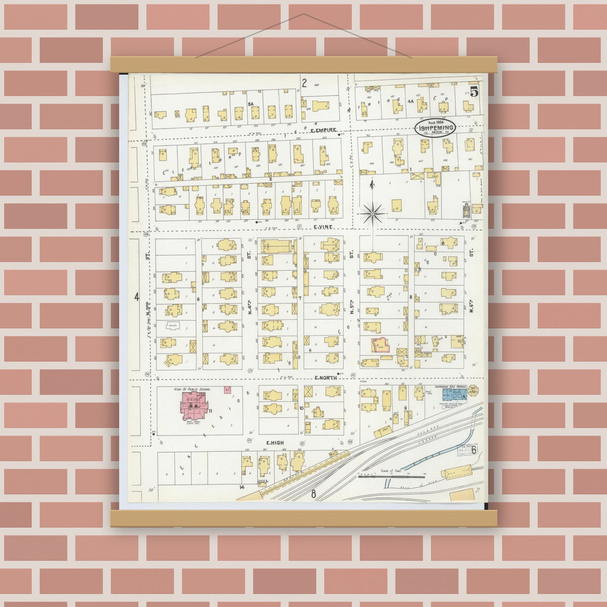 Old map wall art mockup — magnetic wood frame on brick wall — Sanborn Fire Insurance Map from Ishpeming, Marquette County, Michigan (1904), Sheet #0005